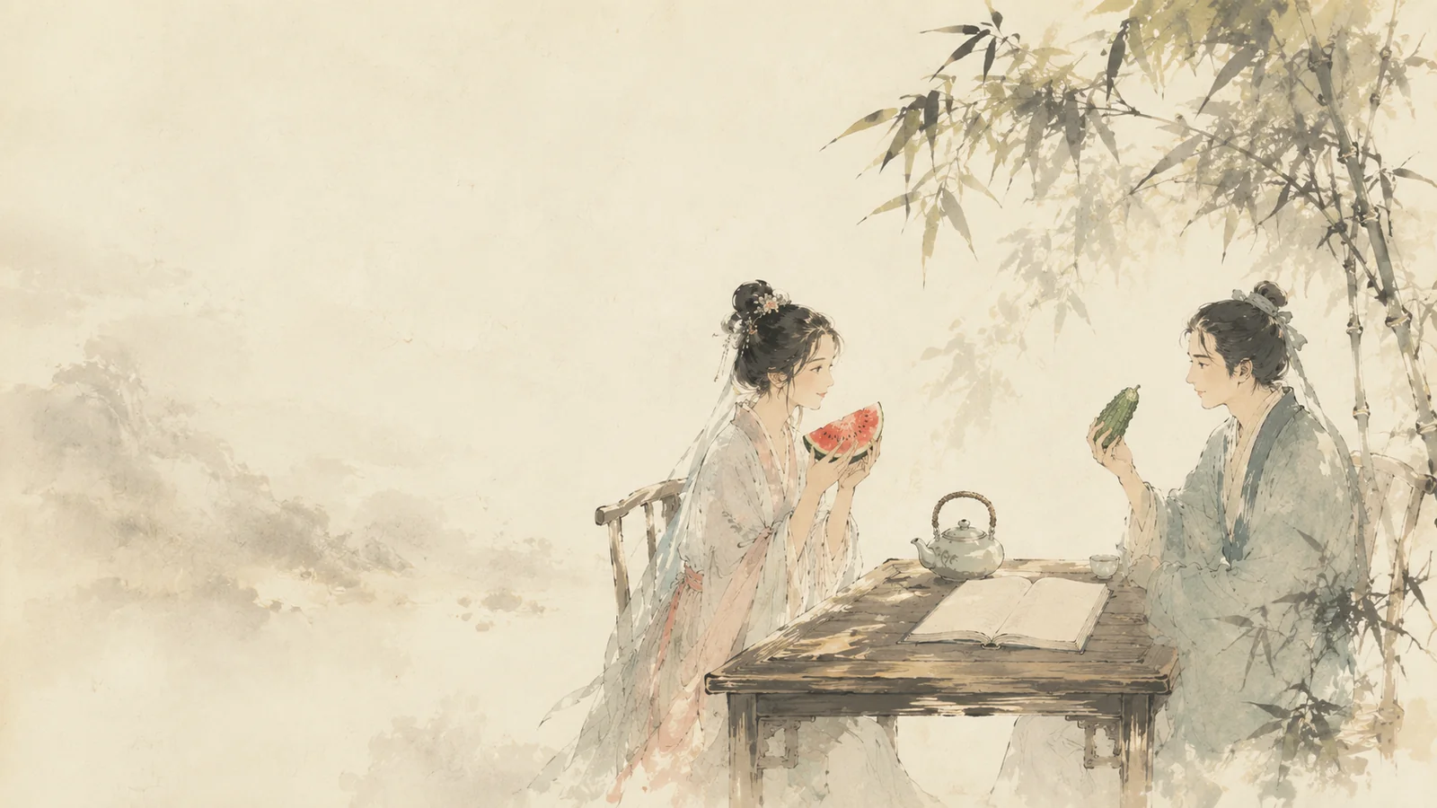 水彩畫：竹蔭下老木桌旁，古典仕女手捧西瓜、書生手持苦瓜，隔著攤開的線裝書對坐相望