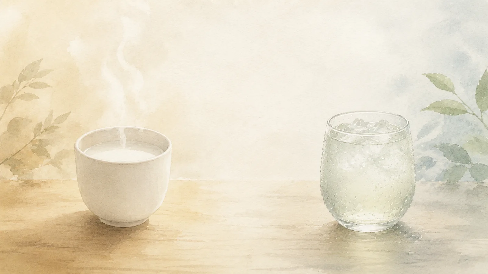 木桌上一杯冒著熱氣的溫飲與一杯結露的冰飲相對